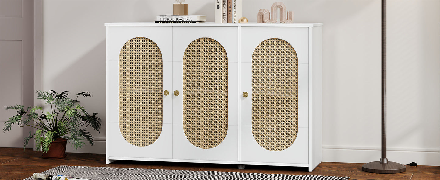 TREXM Retro 3-Door Sideboard with Large Storage Space Artificial Rattan Doors and Metal Handles, Accent Cabinet for Living Room and Hallway (White)