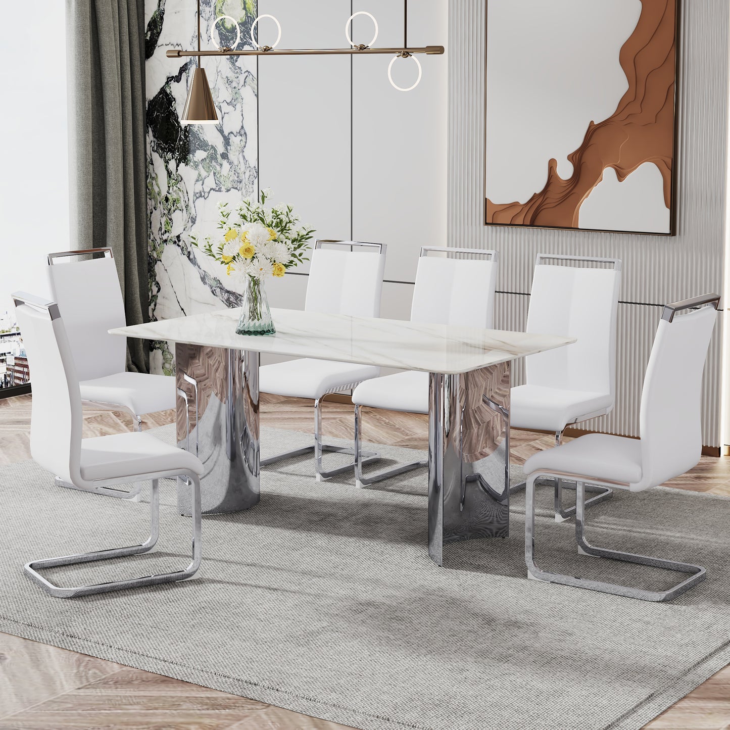 Contemporary White Imitation Marble Glass Dining Table - Stable Stainless Steel Legs for Stylish Dining Rooms