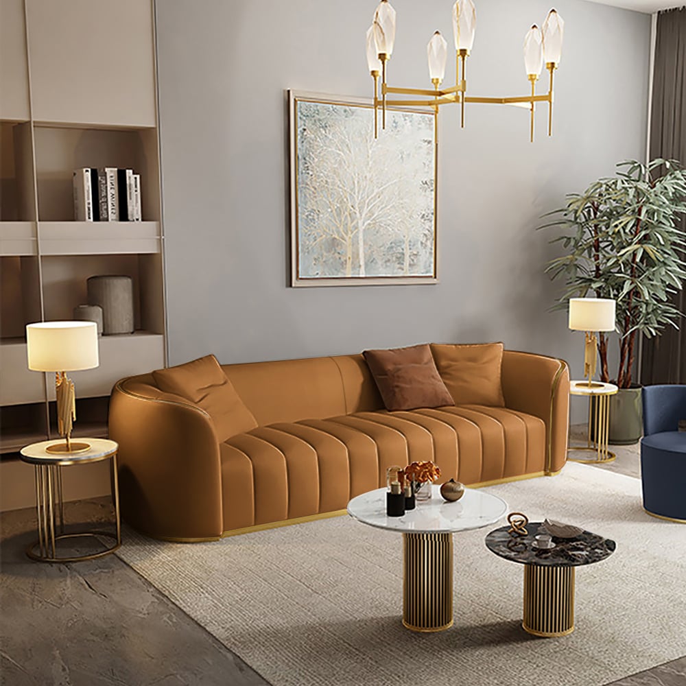 89 Modern Faux Leather Upholstered 3-Seater Sofa with Gold Legs#Orange