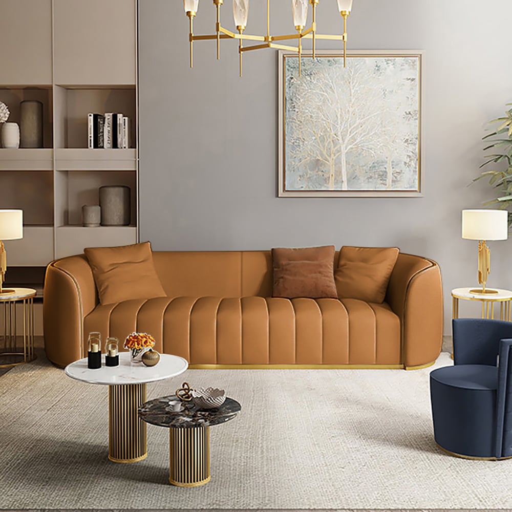 89 Modern Faux Leather Upholstered 3-Seater Sofa with Gold Legs#Orange