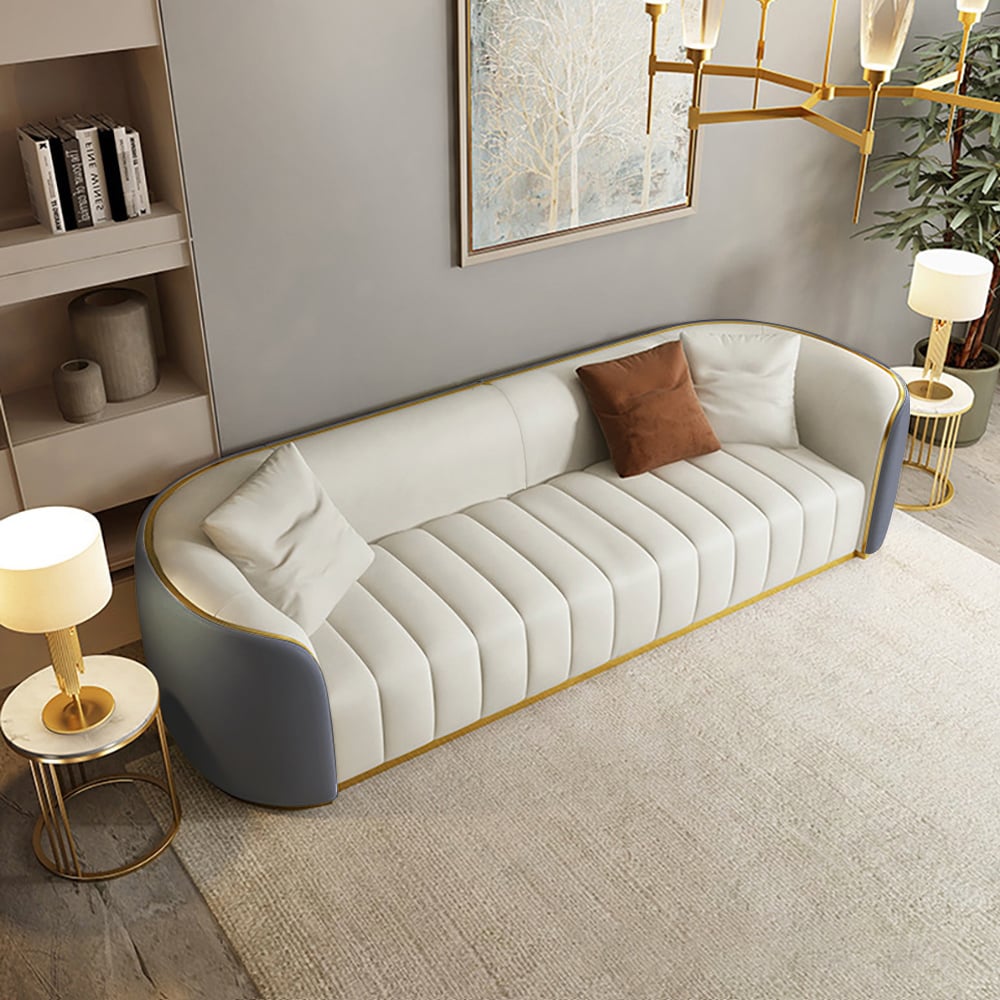 89 Modern Faux Leather Upholstered 3-Seater Sofa with Gold Legs#Grey&White