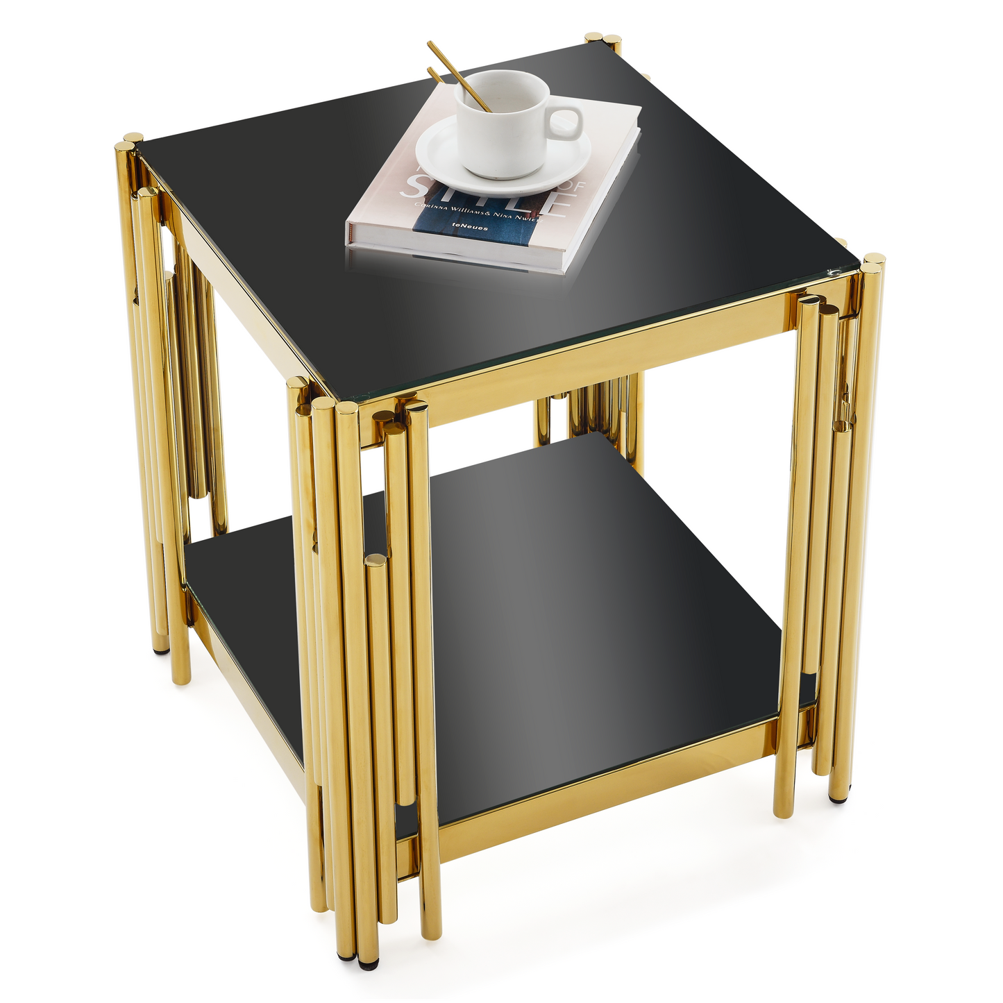 Woker Furniture  20" Wide Square End Table with Black Glass Top, Golden Stainless Steel Tempered Glass End Table for Living Room&Bed Room