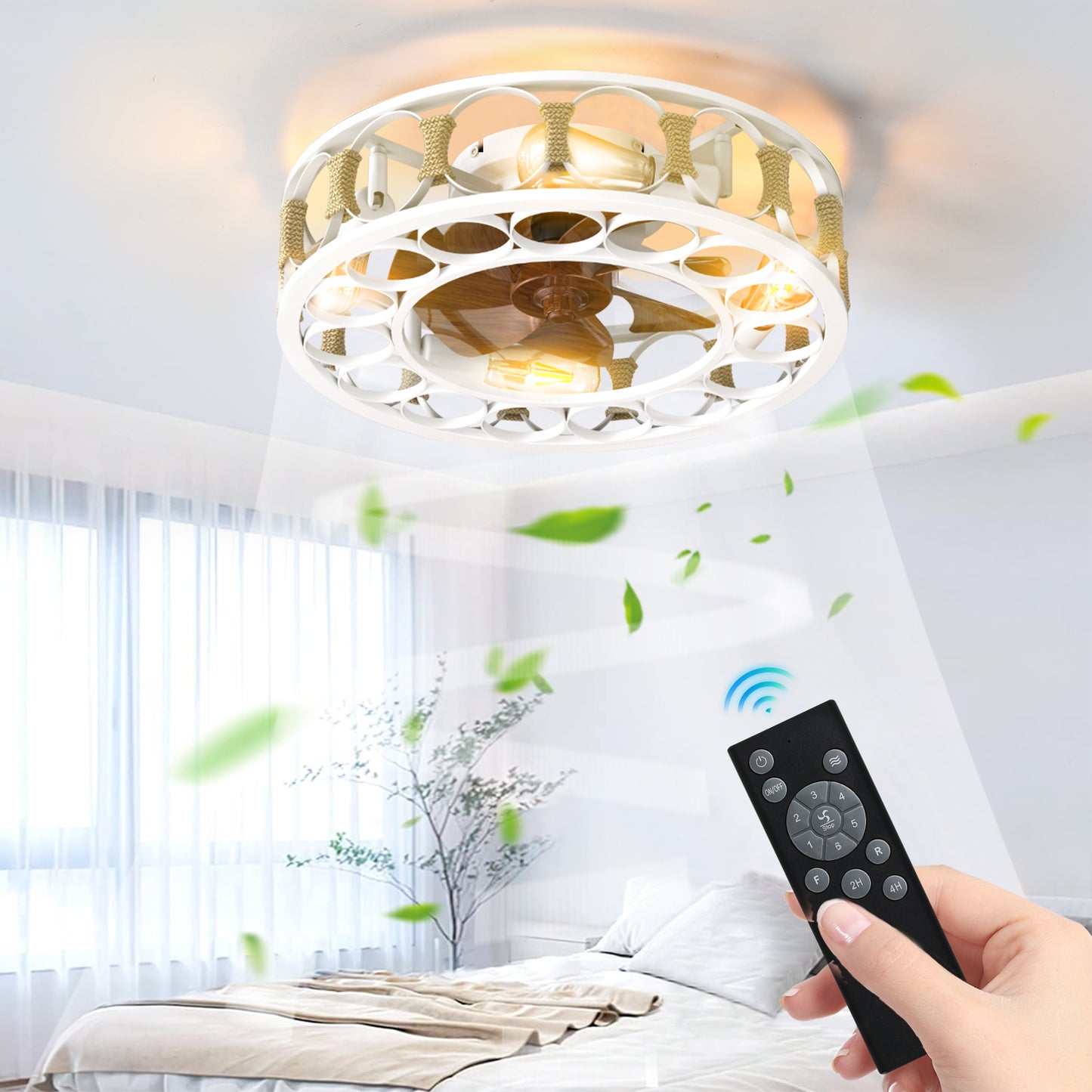 Caged Ceiling Fan with Lights Remote Control,Semi -embedded Modern Ceiling fans, 6 Speeds Reversible Blades, 4 LED Bulbs Include(White)