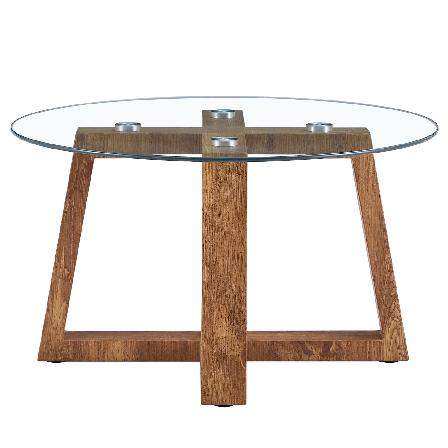 Modern practical circular coffee and tea tables. Made of transparent tempered glass tabletop and wood colored MDF material. Suitable for living rooms and bedrooms.31.5"*31.5"*17.7"