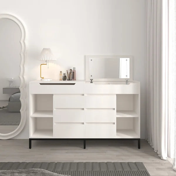 Commode double moderne blanche à 8 tiroirs de 59 po avec miroir rabattable et étagères