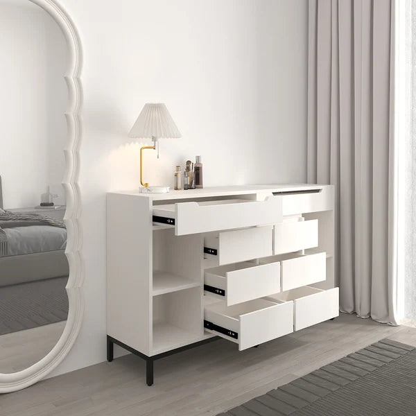 8 Drawer 59" Modern White Double Dresser Wide Cabinet with Flip-Top Mirror & Shelves