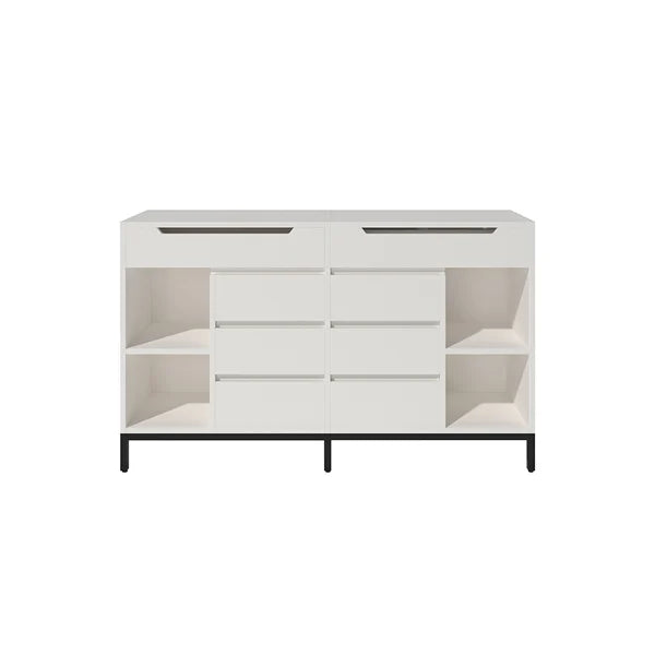 Commode double moderne blanche à 8 tiroirs de 59 po avec miroir rabattable et étagères