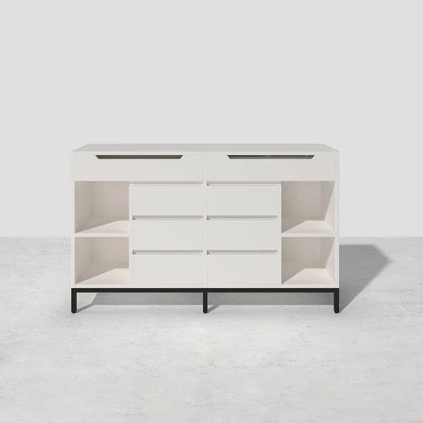 Commode double moderne blanche à 8 tiroirs de 59 po avec miroir rabattable et étagères