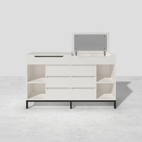 Commode double moderne blanche à 8 tiroirs de 59 po avec miroir rabattable et étagères