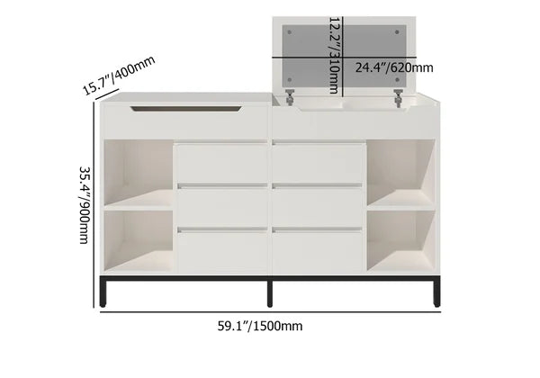 Commode double moderne blanche à 8 tiroirs de 59 po avec miroir rabattable et étagères