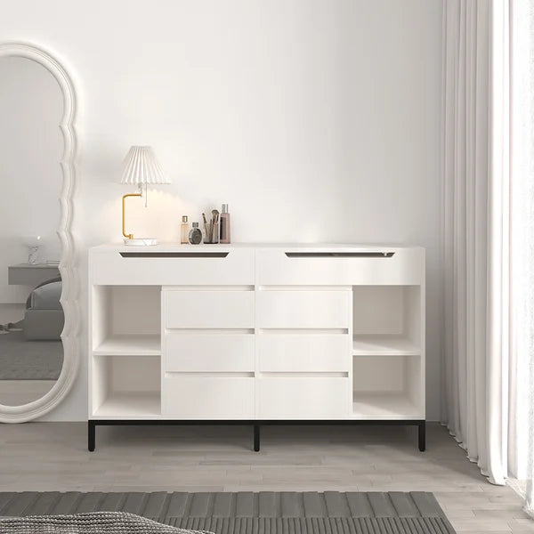 Commode double moderne blanche à 8 tiroirs de 59 po avec miroir rabattable et étagères