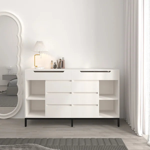 8 Drawer 59" Modern White Double Dresser Wide Cabinet with Flip-Top Mirror & Shelves