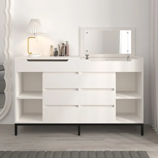 Commode double moderne blanche à 8 tiroirs de 59 po avec miroir rabattable et étagères