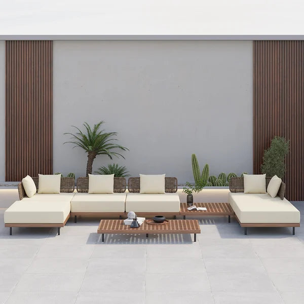 8Pcs Teak & Aluminum & Rattan Outdoor Sectional Sofa Set with Coffee Table and Cushion#S-Beige