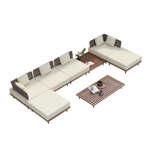 8Pcs Teak & Aluminum & Rattan Outdoor Sectional Sofa Set with Coffee Table and Cushion#S-Beige