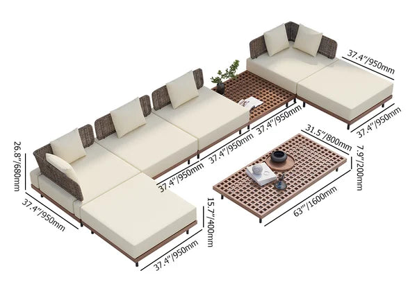 8Pcs Teak & Aluminum & Rattan Outdoor Sectional Sofa Set with Coffee Table and Cushion#S-Beige