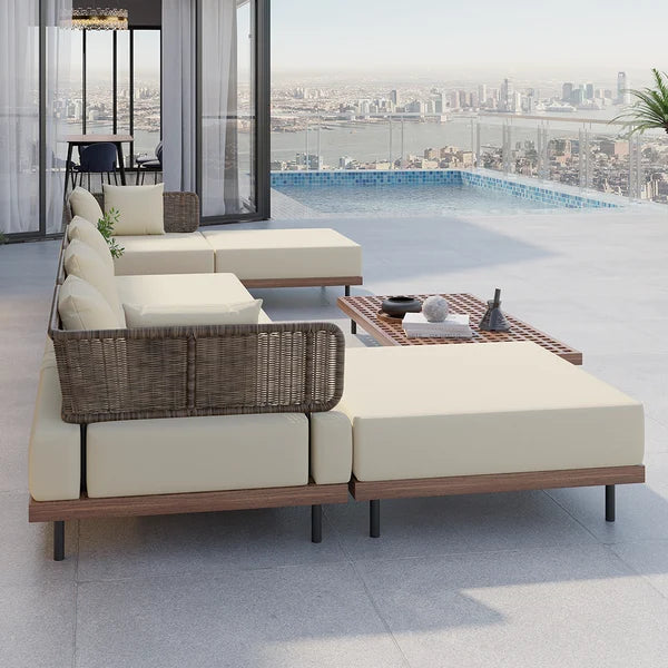 8Pcs Teak & Aluminum & Rattan Outdoor Sectional Sofa Set with Coffee Table and Cushion#S-Beige