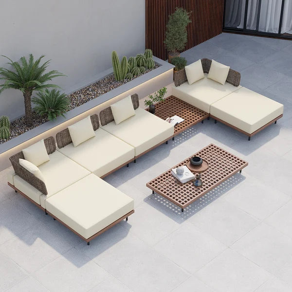 8Pcs Teak & Aluminum & Rattan Outdoor Sectional Sofa Set with Coffee Table and Cushion#S-Beige