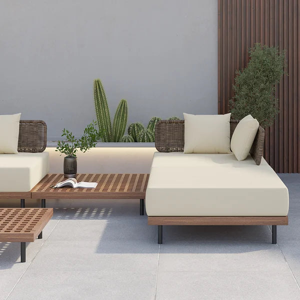 8Pcs Teak & Aluminum & Rattan Outdoor Sectional Sofa Set with Coffee Table and Cushion#S-Beige