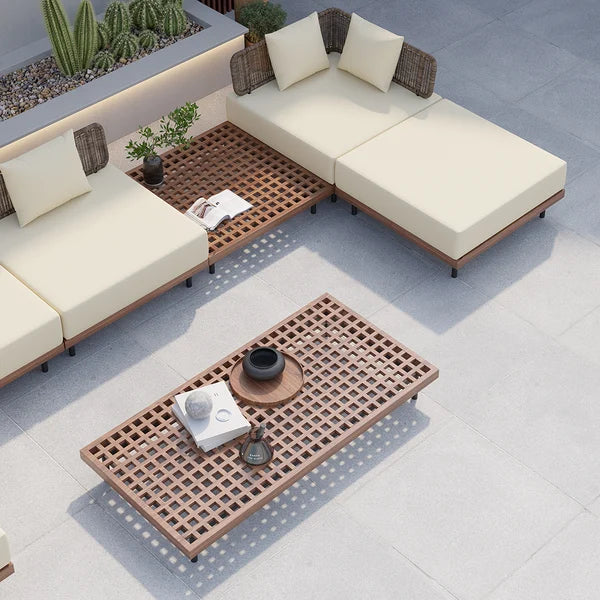 8Pcs Teak & Aluminum & Rattan Outdoor Sectional Sofa Set with Coffee Table and Cushion#S-Beige