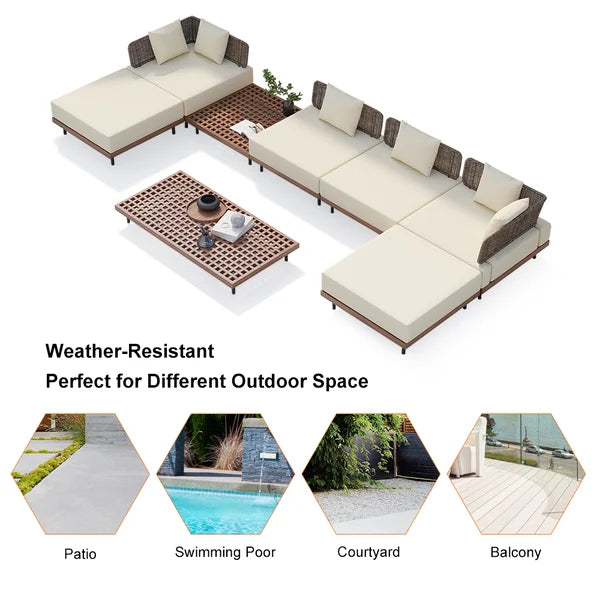 8Pcs Teak & Aluminum & Rattan Outdoor Sectional Sofa Set with Coffee Table and Cushion#S-Beige