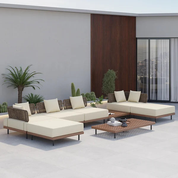 8Pcs Teak & Aluminum & Rattan Outdoor Sectional Sofa Set with Coffee Table and Cushion#S-Beige