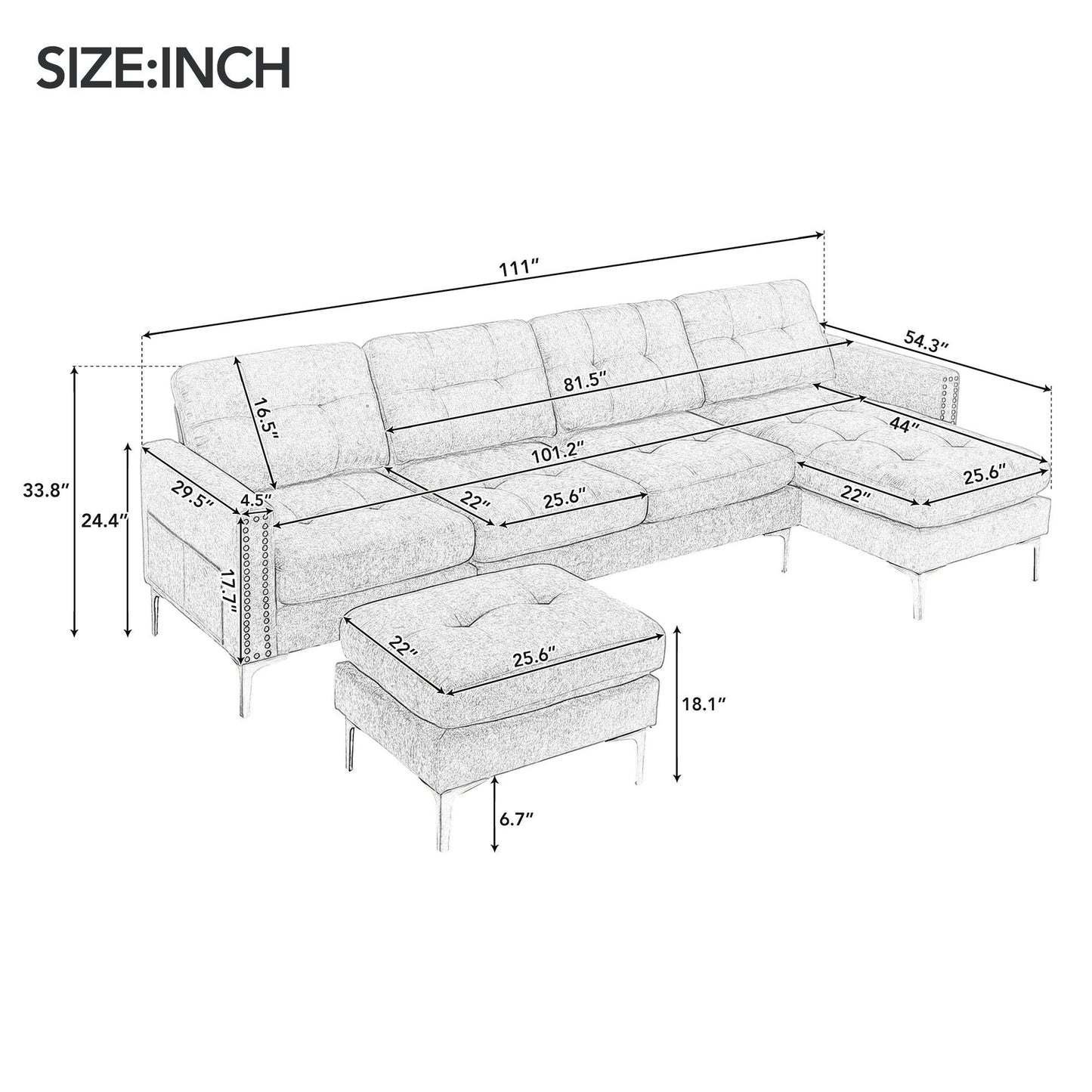 110" L-Shape Convertible Sectional Sofa Couch with Movable Ottoman for Living Room, Apartment, Office, Black