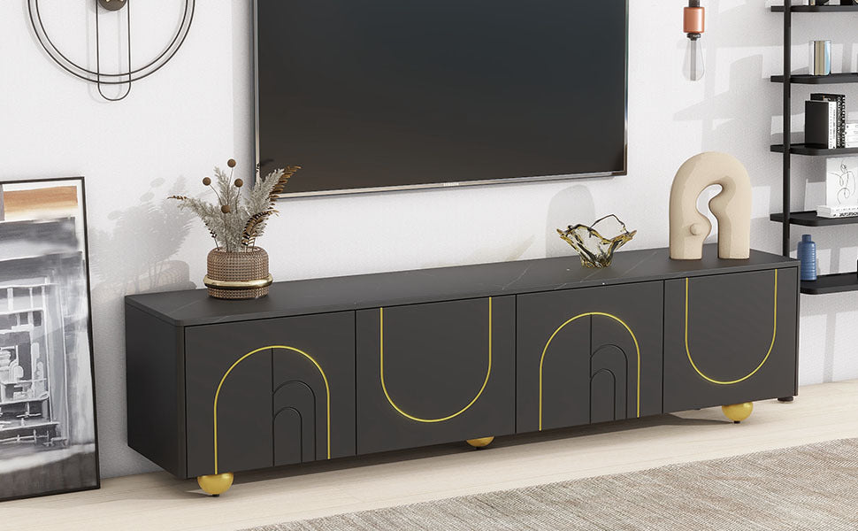 U-Can Modern TV Stand for TVs up to 75 Inches, Entertainment Center with Storage Cabinets and 1 Adjustable Shelf, Media Console with Marble-patterned Top and Golden Round Metal Legs for Living room