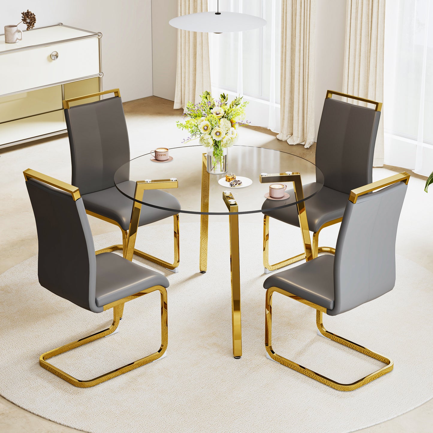 Modern Minimalist Circular Transparent Tempered Glass Table with Golden Metal Legs - Perfect for Kitchen, Dining Room