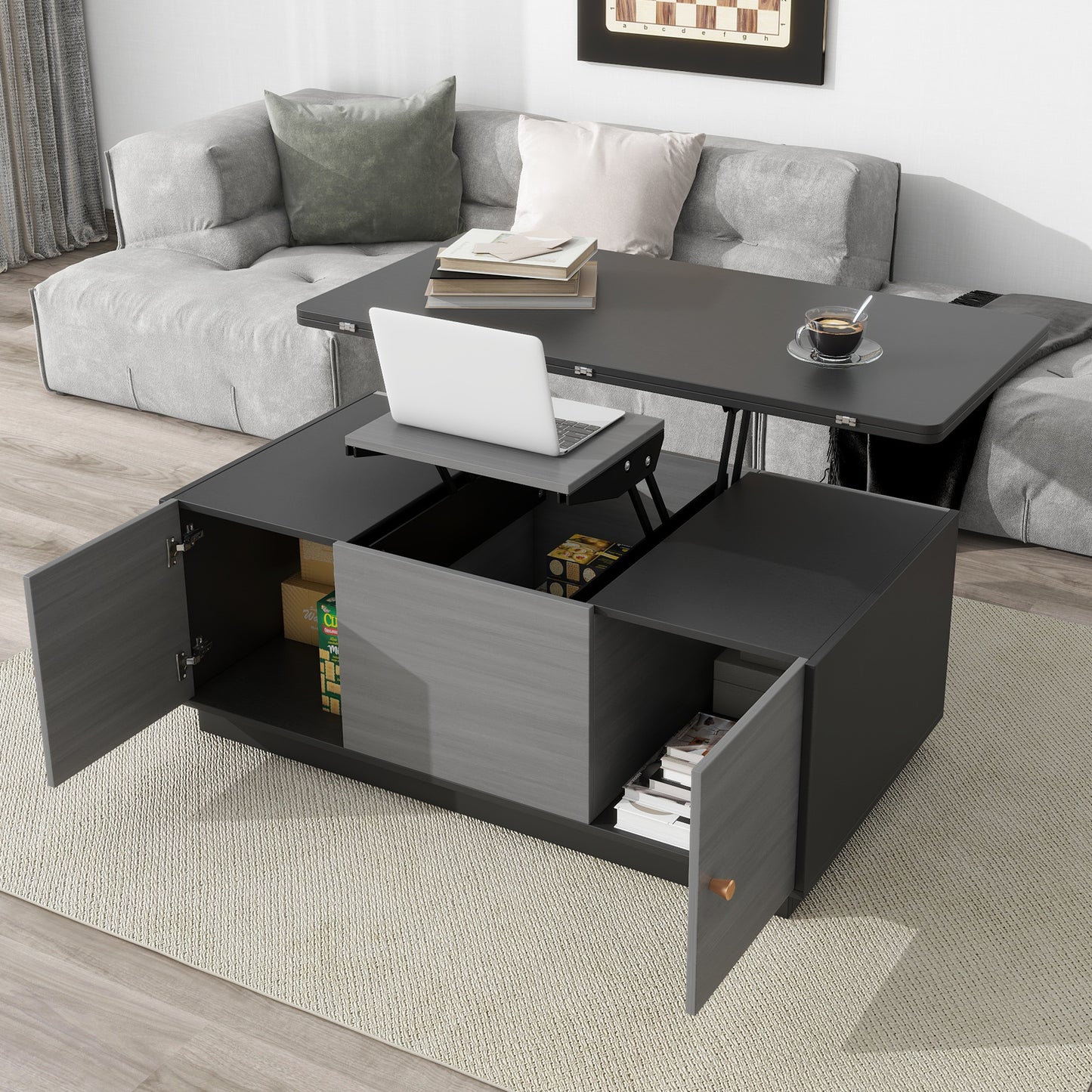 Modern Gray Multi-functional Rectangle Lift-top Coffee Table Extendable with Storage