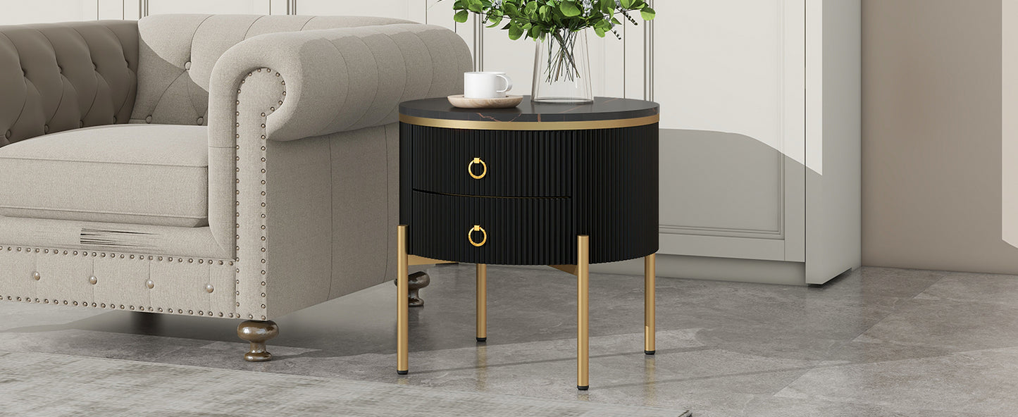 ON-TREND Φ19.6'' Easy Assembly Round End Table with Storage Drawers, Fluted Nightstand with High Gloss Faux Marble Tabletop, Modern Coffee Table with Metal Legs and Handles for Living Room, Black