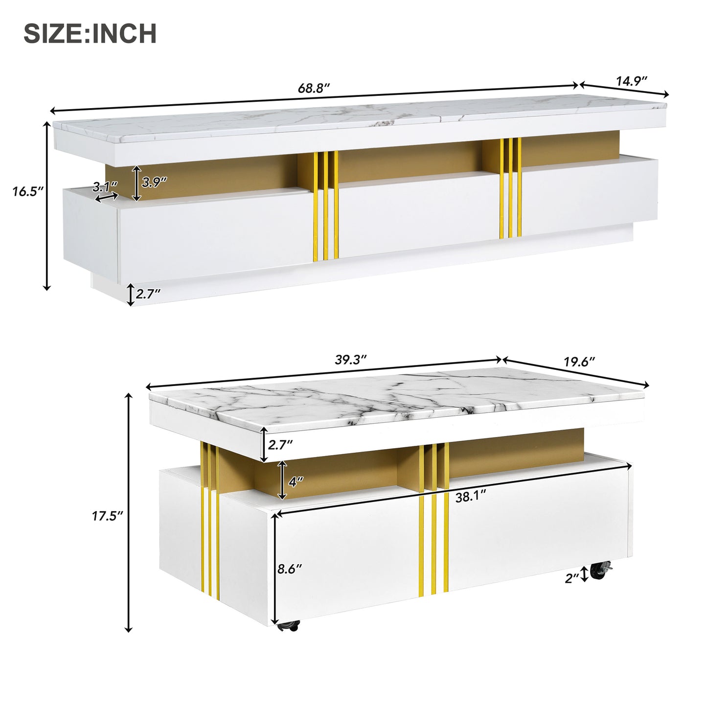 ON-TREND Modern Luxury TV Stand and Coffee Table Set of 2, High Gloss Faux Marble Top, TV Stand for TVs Up to 78'', Rectangle Coffee Table with Caster Wheels for Living Room, White