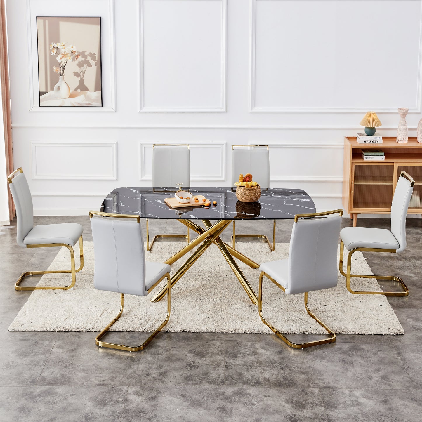 Contemporary Large Dining Table with Black Imitation Marble Top - 0.39" Thick Design with Golden Metal Legs, Perfect for Dining Rooms