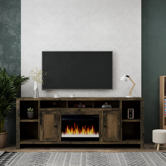 Bridgevine Home Joshua Creek 84 inch Electric Fireplace TV Stand for TVs up to 95 inches, Barnwood Finish