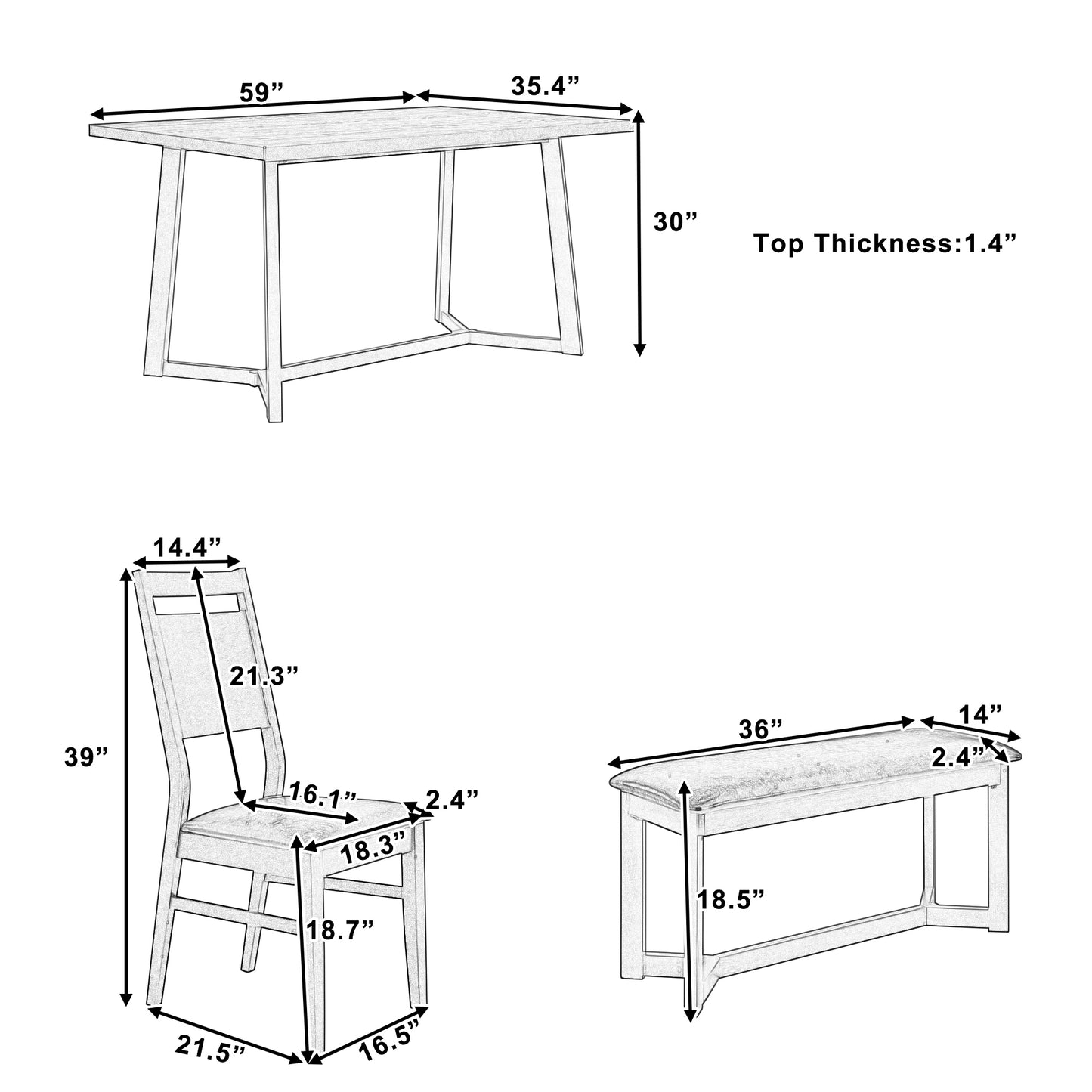 TOPMAX Farmhouse Ensemble de table de salle à manger en bois 6 pièces avec 4 chaises et banc rembourrés Gris