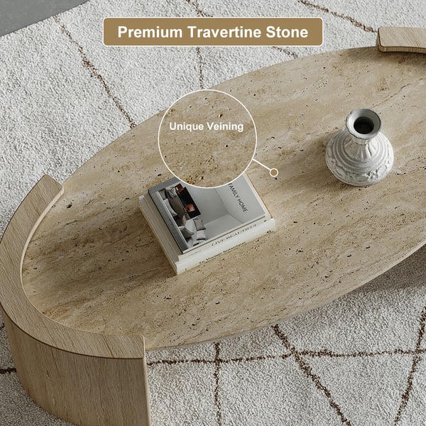 42" Japandi Travertine Coffee Table with Oval Beige Stone Top