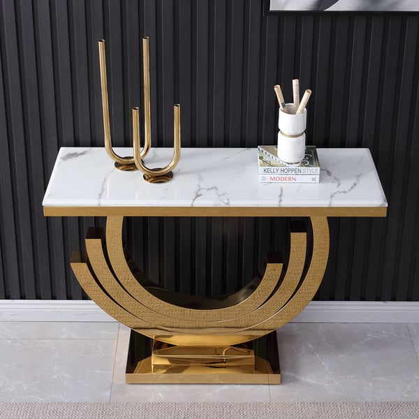 59.1 Inches Gold & White Marble Console Table Narrow Rectangle Entryway Table