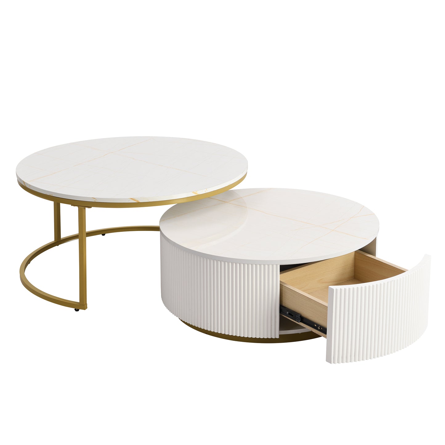 Modern Round Nesting Coffee Table Fluted with Drawer in White & Gold in 31.5''