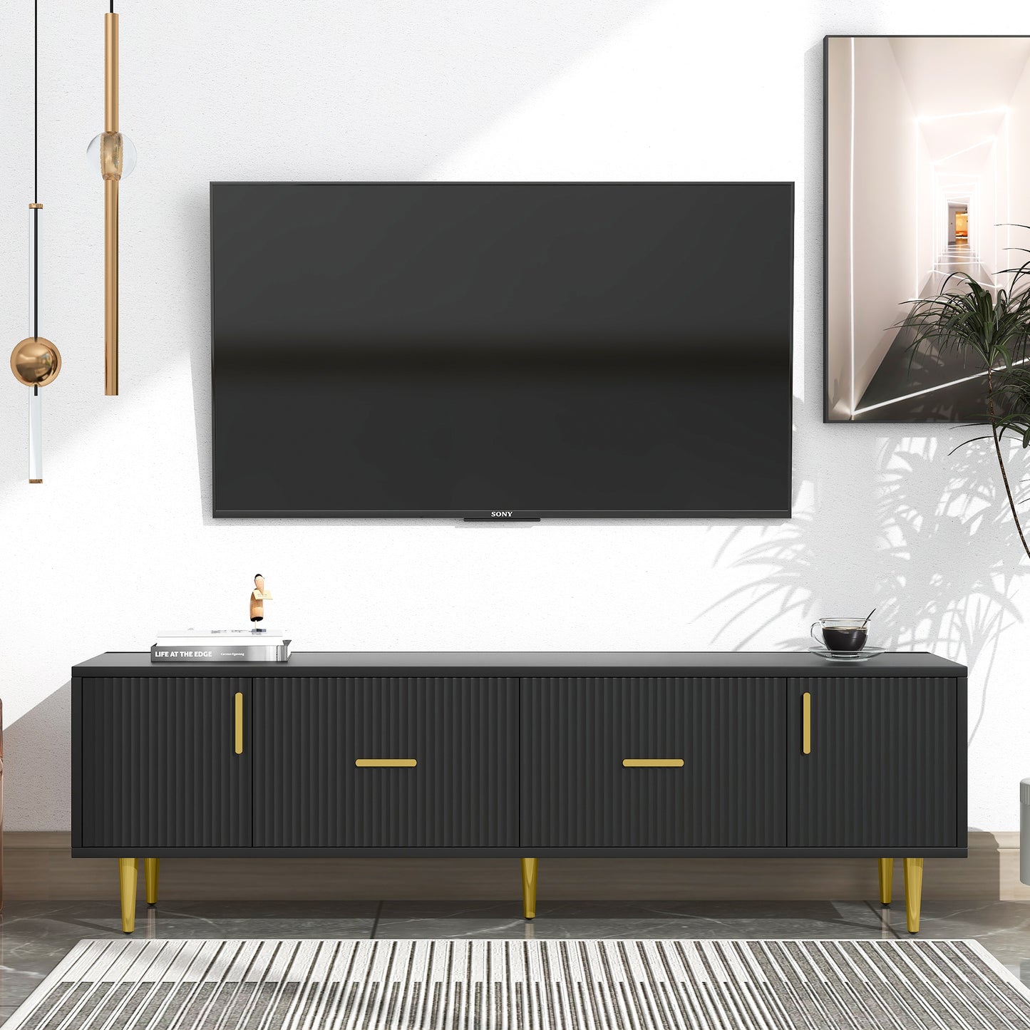Meuble TV moderne U-Can avec 5 pieds champagne – Durable, élégant et spacieux, téléviseurs jusqu'à 75''