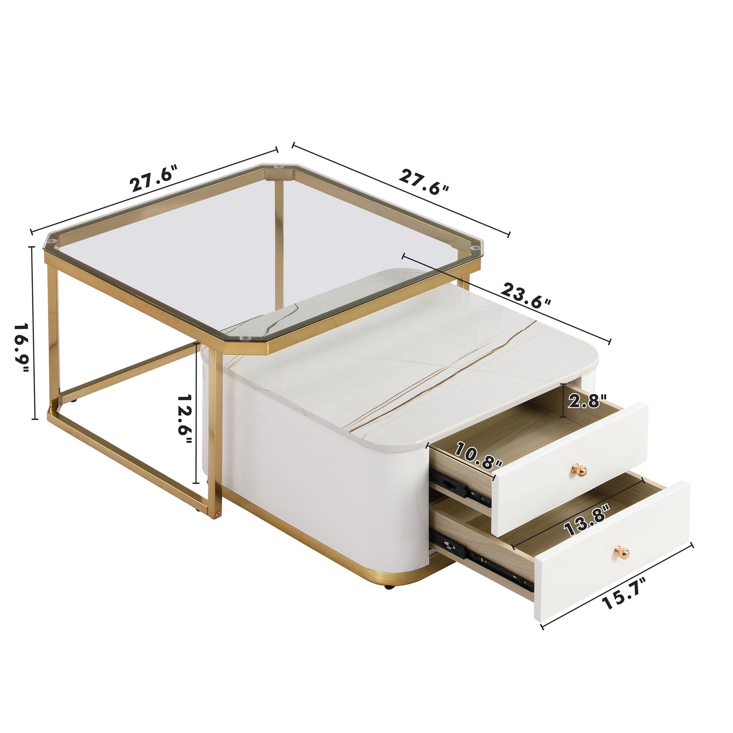 Modern 2 Pieces White  Square Nesting  Coffee Table with Drawers & Electroplated gold legs in 27.6''