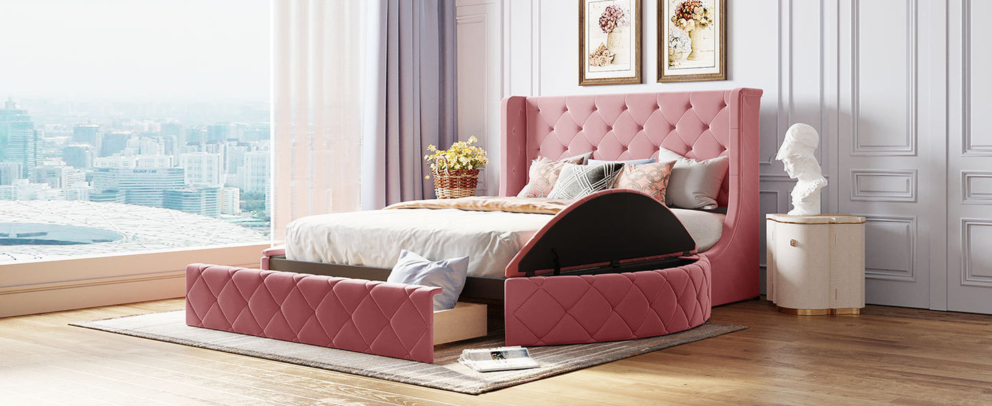 Lit plateforme rembourré en velours avec tête de lit à oreilles et 1 grand tiroir, 2 tabourets de rangement latéraux (rose)