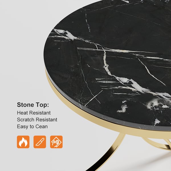 Modern Luxurious Round Black Marble Stone Side Table X-Base End Table in Gold