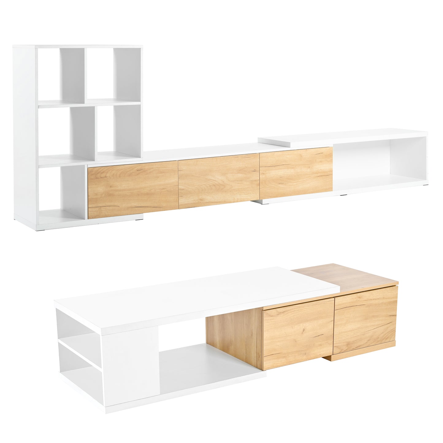 [VIDEO provided] ON-TREND Extendable TV Stand and Coffee Table, Set of 2, Media Console with 3 Tier Bookshelves for TVs up to 110'', Dual-tone Center Table with Sliding Tabletop for Living Room, White