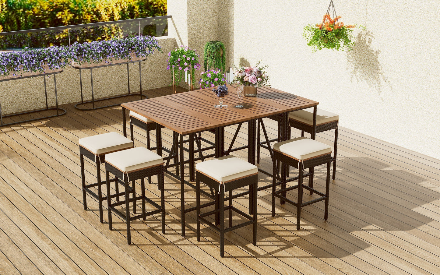 GO 10-Piece Outdoor Acacia Wood Bar Height Table And Eight Stools With Cushions, Garden PE Rattan Wicker Dining Table, Foldable Tabletop, High-Dining Bistro Set, All-Weather Patio Furniture, Brown