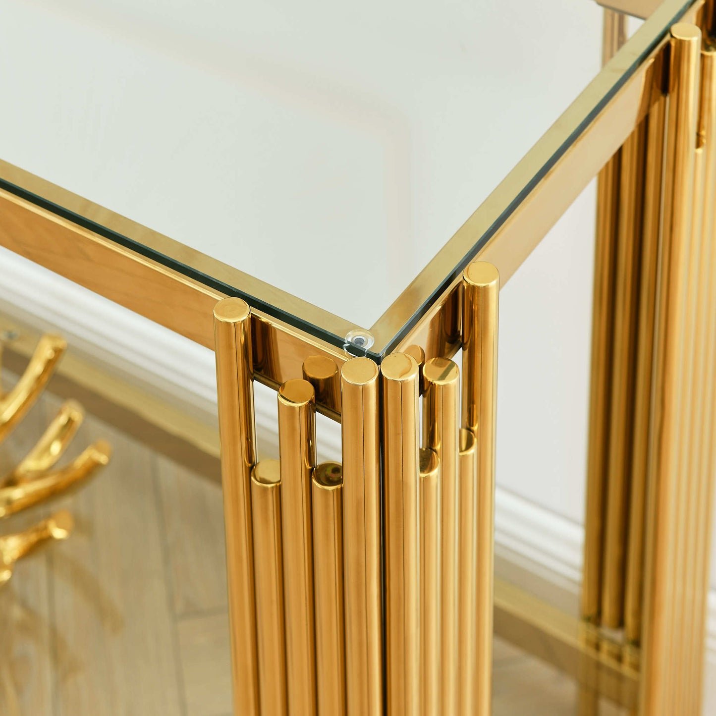 Modern Glass Console Table, 55" Gold Sofa Table with Sturdy Metal Frame and Clear Tempered Glass Top, for Living Room Entryway Bedroom, Gold Finish