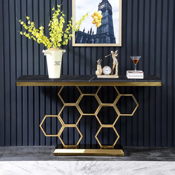 59" Modern Rectangle Black Marble Console Table Narrow Entryway Table