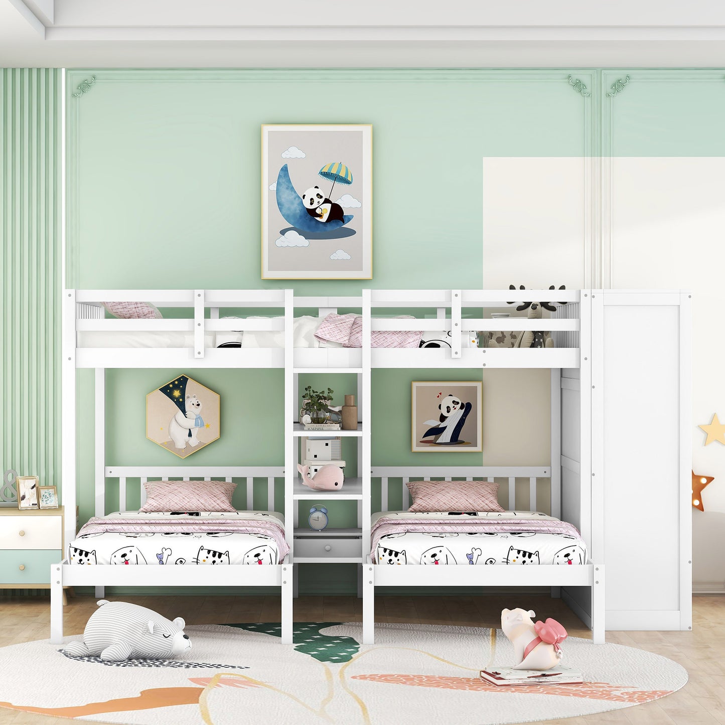 Full-Over-Twin-Twin Bunk Bed with Shelves, Wardrobe and Mirror, White