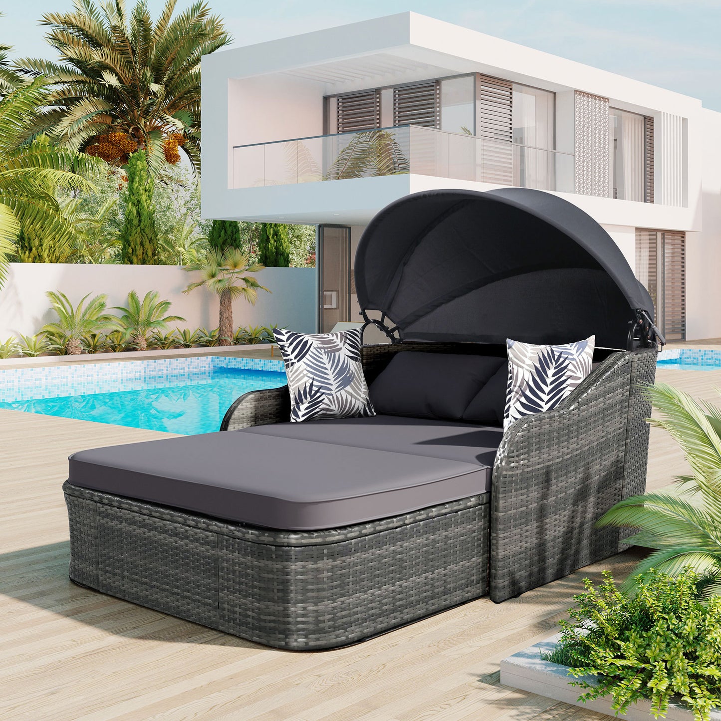 79.9” Outdoor Sunbed with Adjustable Canopy: Double Lounge PE Rattan Daybed in Gray Wicker with Comfortable Cushions for Ultimate Relaxation