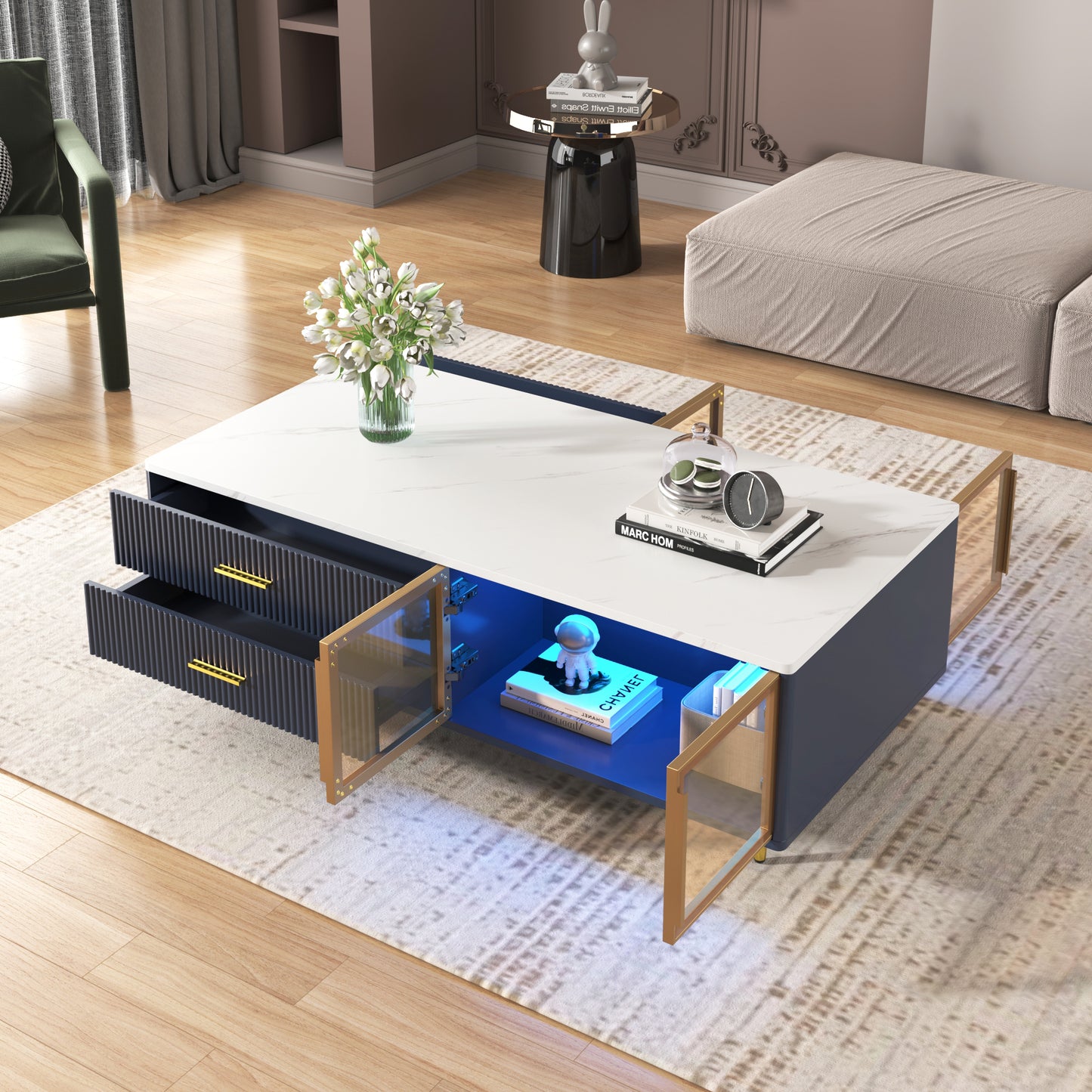 Modern Navy Blue Coffee Table with 2 Glass Door Storage, 4 Drawers, Gold Metal Legs, and Multi-Color Lighting in 47.2''