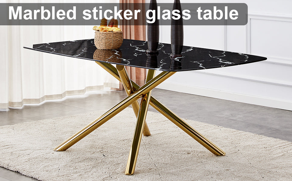 Contemporary Large Dining Table with Black Imitation Marble Top - 0.39" Thick Design with Golden Metal Legs, Perfect for Dining Rooms